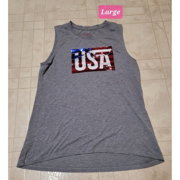 Gray Tank Top with Sequin USA American Flag Patriotic Sleeveless Large - Picture 1 of 1
